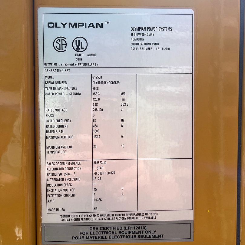 125 KW Olympian #G125G1 GM-8.1L, Natural gas generator,open skid, 120/208 Volts,Tier 2,2008 - Image 3