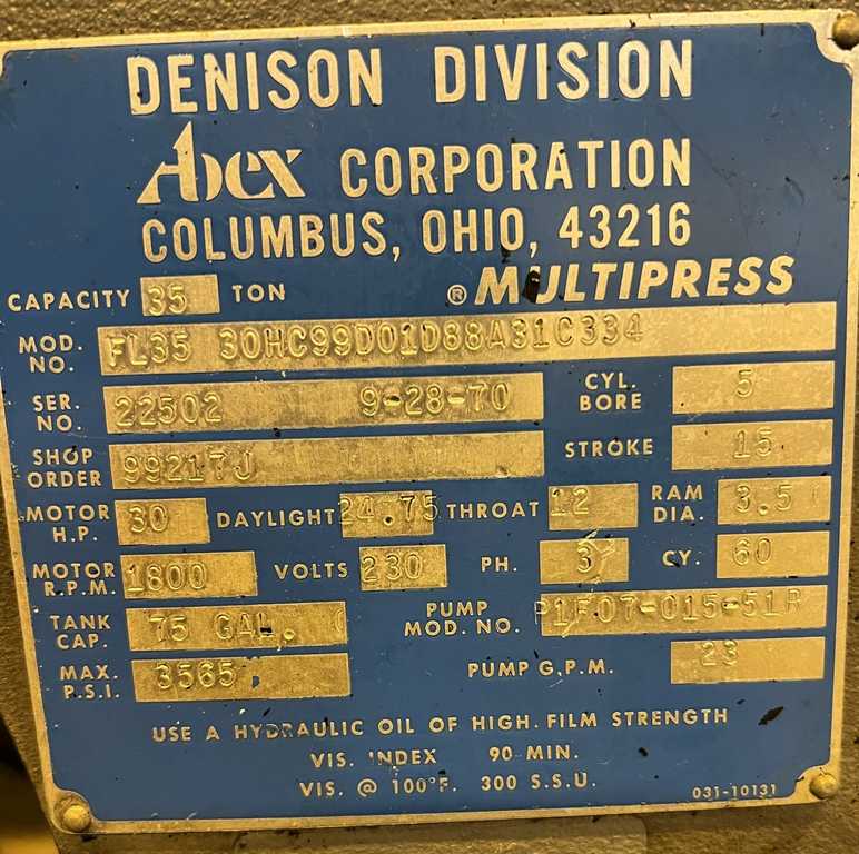 35 Ton, Denison Multipress #FC35-30HC99D01D88A31C334, C-frame press, 15" stroke, 24.7" daylight, 12" throat - Image 3