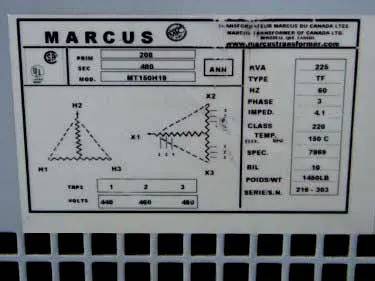 225 KVA 208 Primary, 480 Secondary, Marcus #MT226-H19, Homogenizer Transformer - Image 7