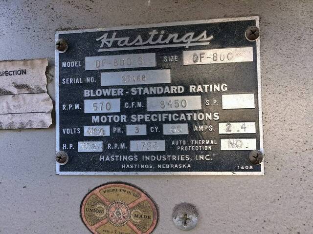 320000 BTU/hr., Hastings Industries, Inc. #DF-800-S, Furnace Heater, 8450 CFM, 570 RPM blower, 0.5 HP, 1725 - Image 6
