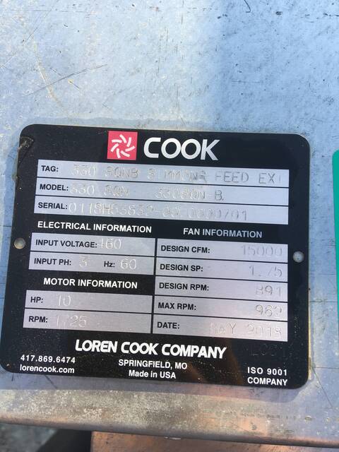 15000 cfm, Loren Cook #331-SQN-330SQN-B, Centrifugal Fan, 962 RPM max, 460 V, 2018 - Image 10