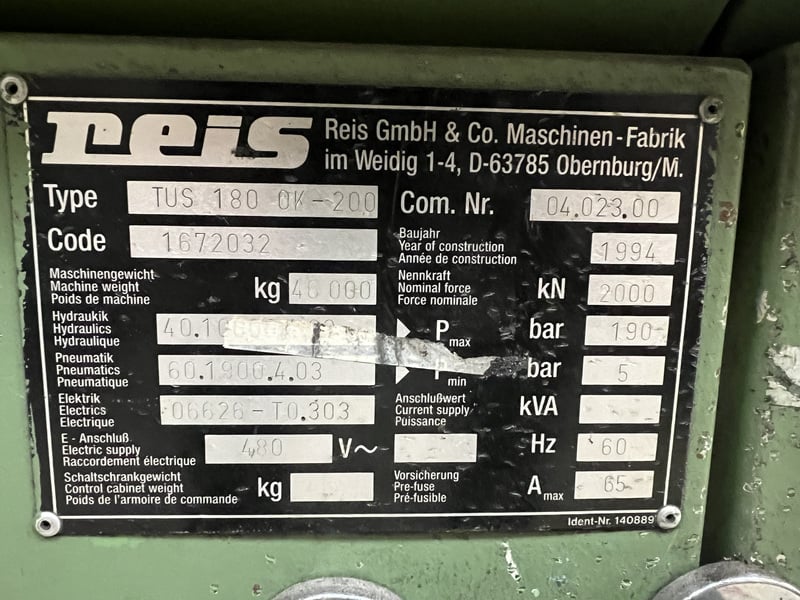 224 Ton, Reis #TUS-180-OK-200, hydraulic 4-post spotting press, 71" stroke, 98" DL, 71" x 98" bed, 1994 - Image 3