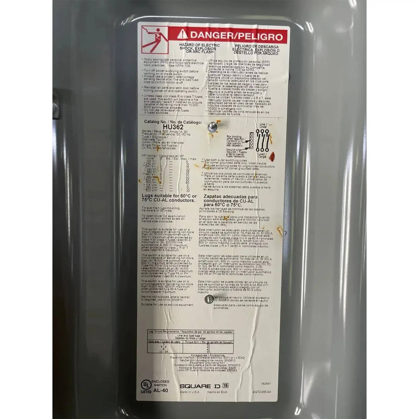 60 Amp. Square D #HU362, Heavy Duty Safety Switch, 60 HP, 600 V AC/DC, 3 wires, 3 poles - Image 2
