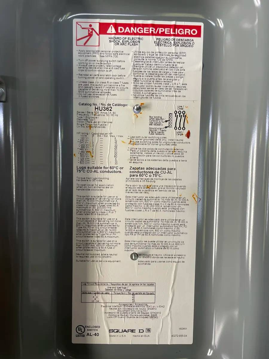 60 Amp. Square D #HU362, Heavy Duty Safety Switch, 60 HP, 600 V AC/DC, 3 wires, 3 poles - Image 6