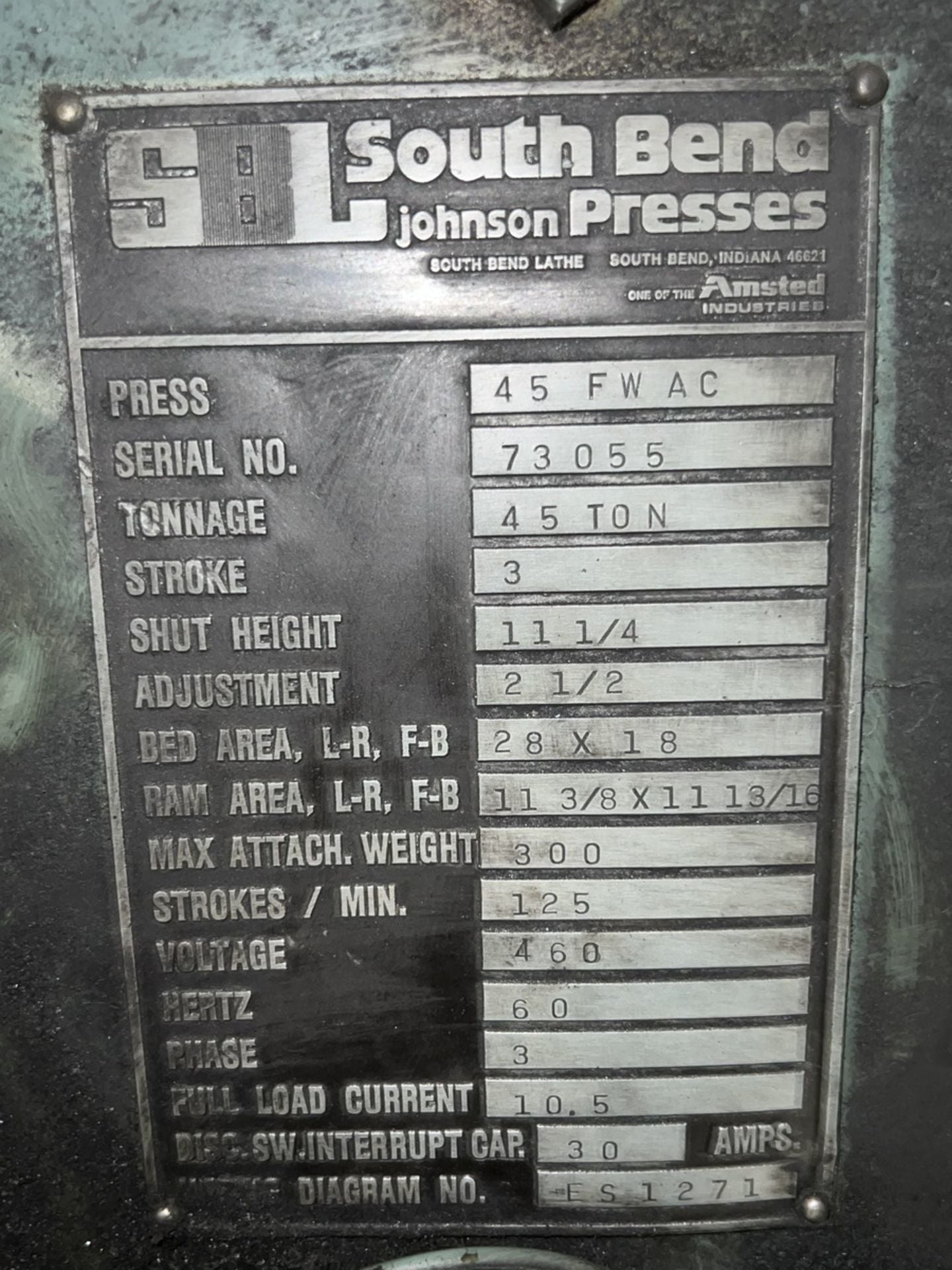 45 Ton, South Bend Johnson #45-FW-AC, single crank flywheel OBI press, 3" stroke, 11.25" Shut Height, 2.5" - Image 9
