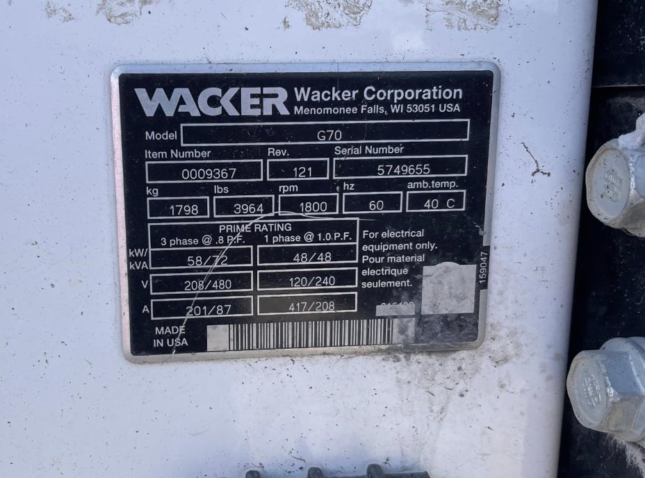 58 KW Wacker #G70, diesel generator, sound attenuated enclosure, multi-voltage, EPA Tier 3, 8128 hours, 2008 - Image 10