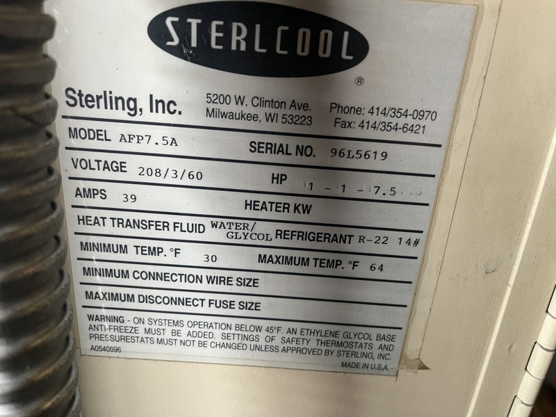 Sterling #AFP7.5A Sterlcool chiller, 39 amps, heat transfer fluid water/Glycol, R-22 14# refrigerant - Image 3