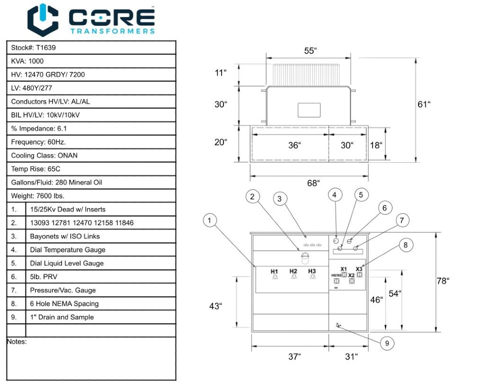 1000 KVA 12470GrdY/7200 Primary, 480Y/277 Secondary, Pad, Recon - Image 1