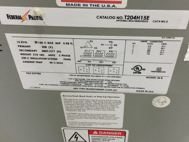 15 KVA 480 Primary, 277/208 Secondary, Federal Pacific #T204H15E, transformer - Image 2