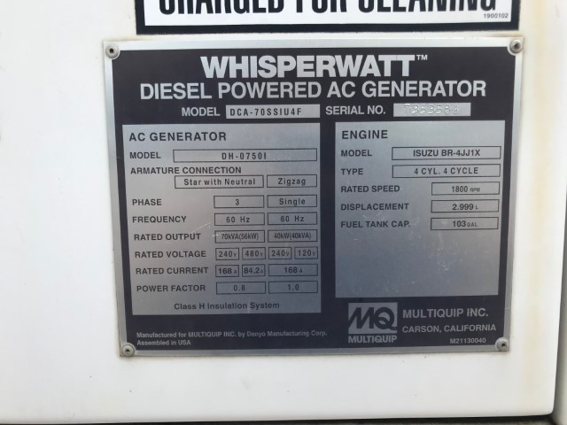 62 KW Multiquip #DCA70SSIU4F, trailer mounted, Tier 4F, sound attenuated enclosure, 120/240/208/277/480 - Image 6