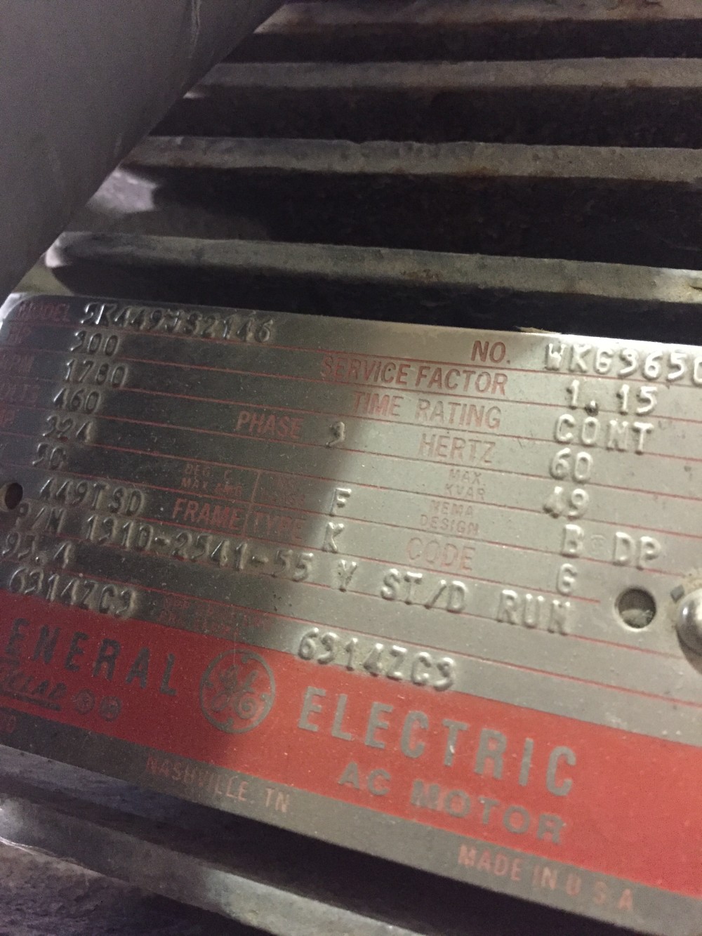 300 HP 1780 RPM General Electric, Frame 449TSD, 460 Volts WP934 - Image 2