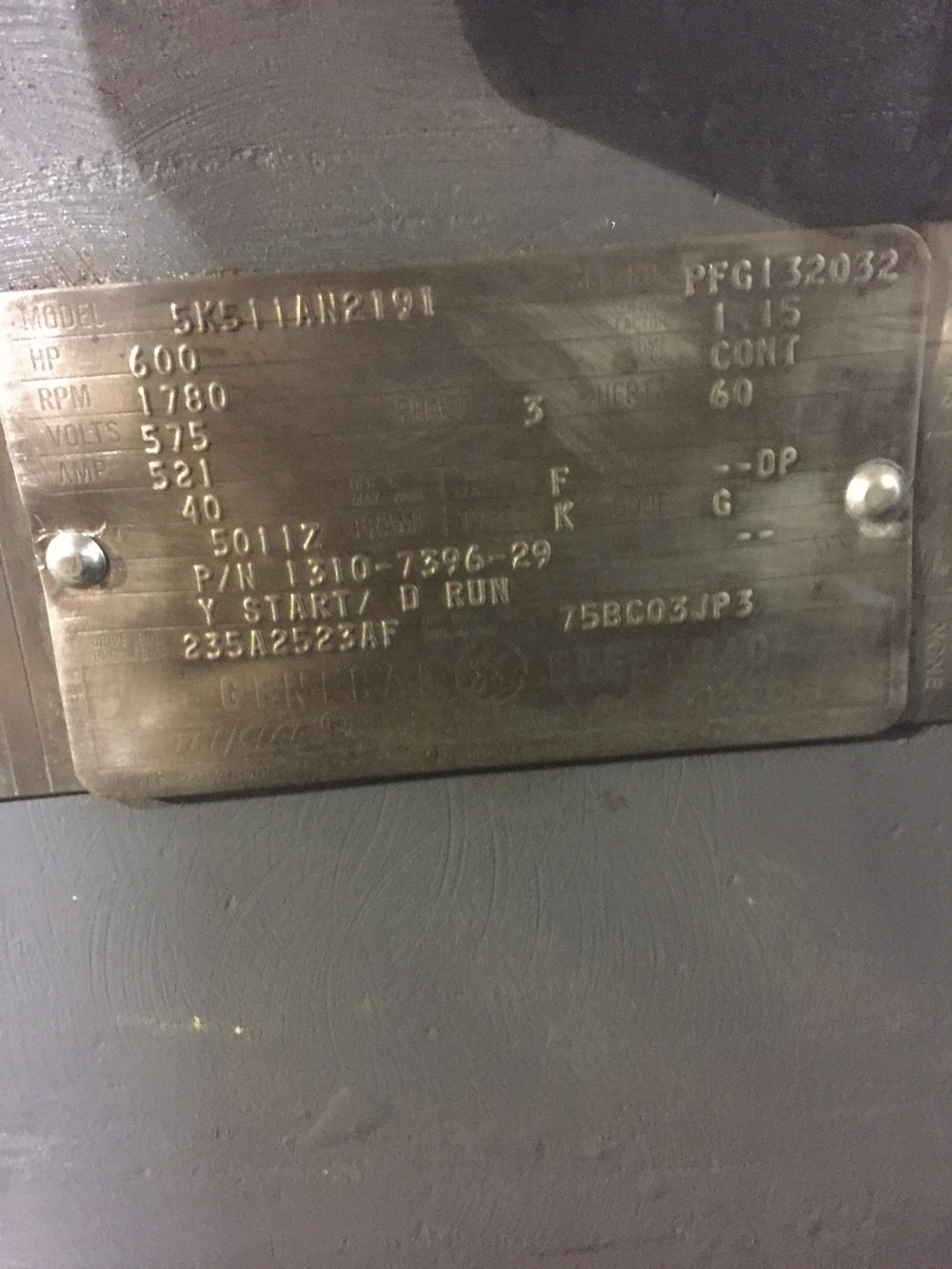 600 HP 1780 RPM General Electric, Frame 5011Z, 575 Volts, 1310-7396-29 Atlas Copco, WP55 - Image 3