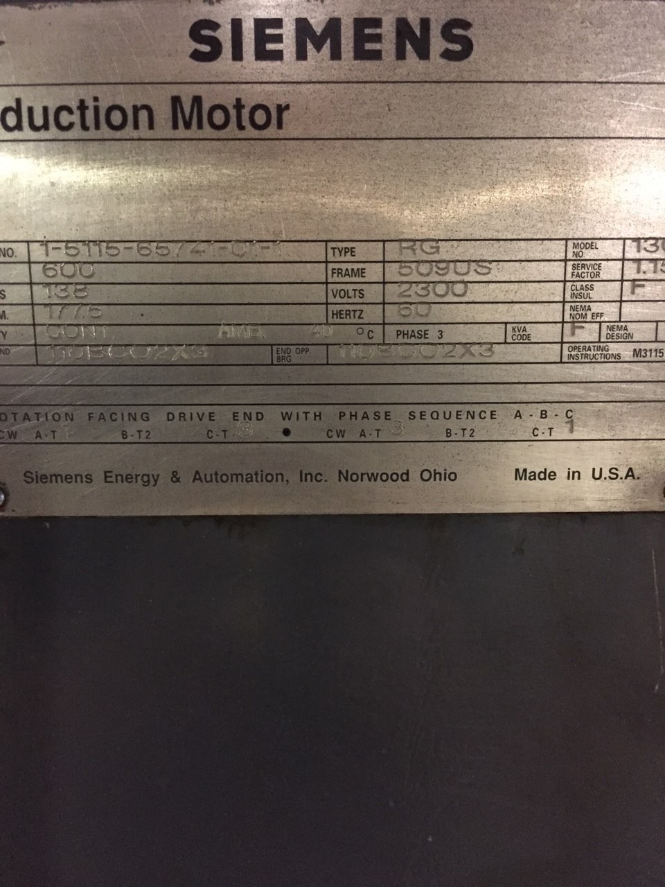 600 HP 1775 RPM Siemens, Frame 509US, 2300 Volts WP1005 - Image 3