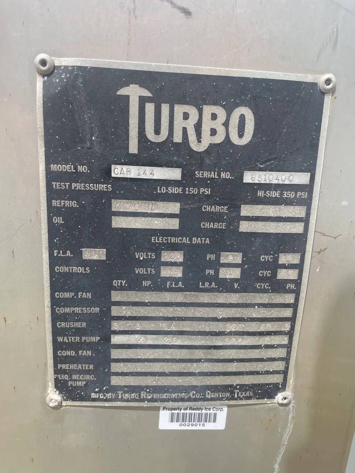 70 Ton, Turbo #CAR-144, plate ice maker, Serial No: 8510400. Previous Refrigerant: Ammonia. Test Pressure - - Image 10