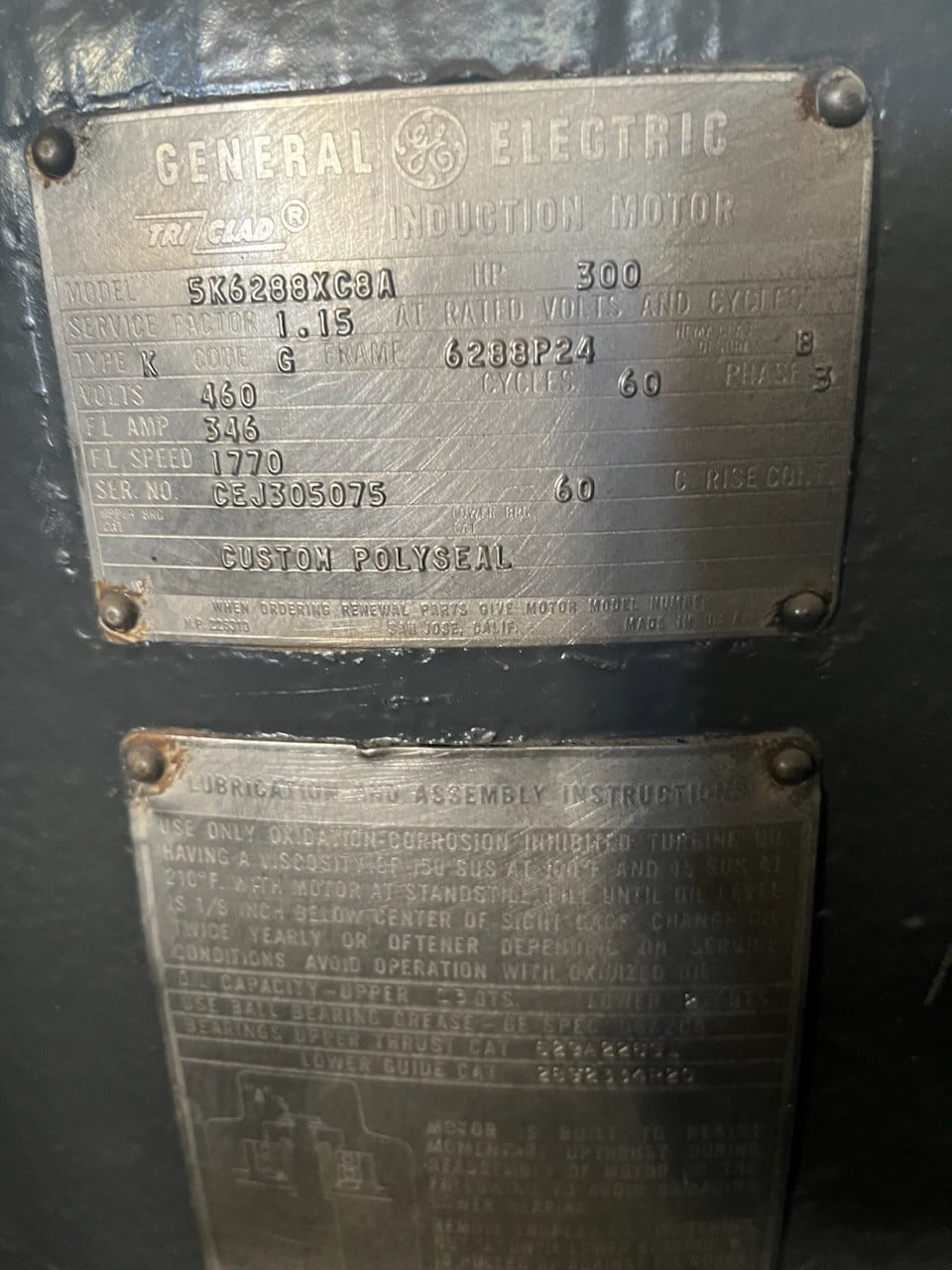 300 HP 1770 RPM General Electric, Frame 6288P24, VSS, vertical solid shaft, 460 Volts - Image 2
