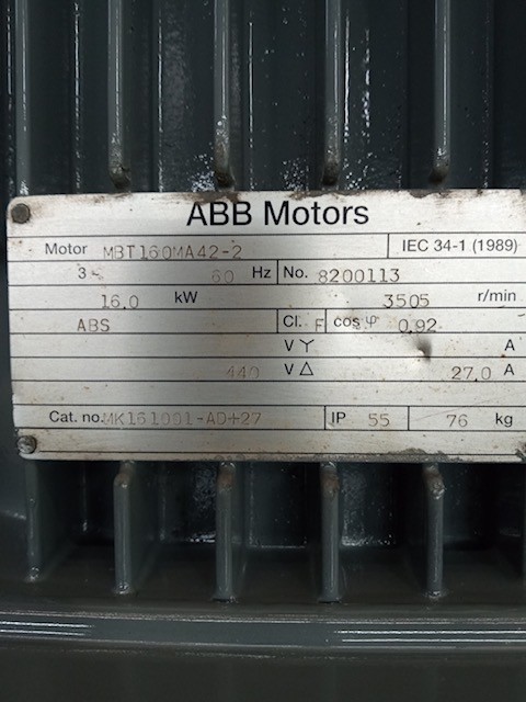 16 KW HP 3505 RPM ABB, Frame 160M, TEFC AC Metric Motor, 440 Volts - Image 1