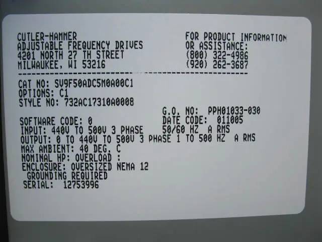 5 HP Cutler-Hammer, SV9F50AD, Adjustable Frequency Drive, 440-500 Volts - Image 8