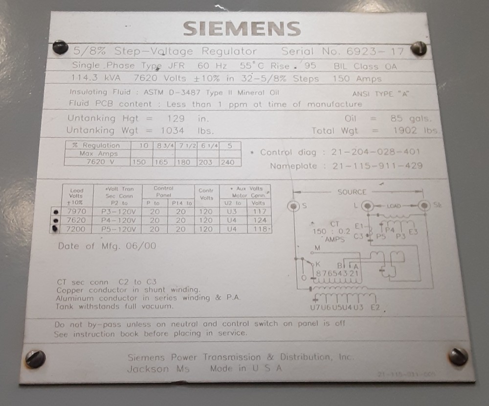 114.3 KVA Siemens/Allis-Chalmers, 150 amps, 7.2/7.6/8 kV (tapped at 7.2 kV) +/- 10% (32 x 5/8% steps), (5 - Image 2