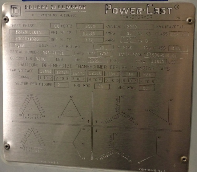 1500 kVA, 12470 DELTA Primary, 2300/1328 WYE Secondary, SQUARE D Dry Type - Image 1