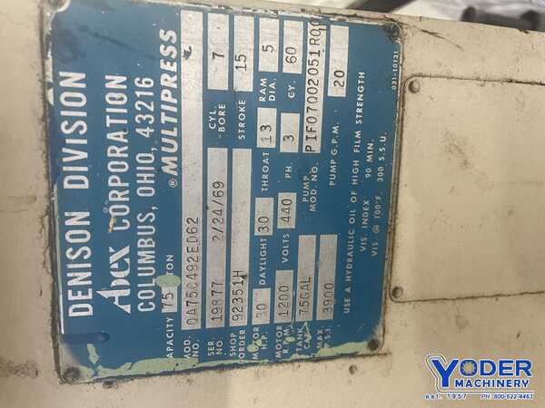 75 Ton, Denison #OA75C492ED62, hydraulic C-frame press, 15" stroke, 30" daylight, 13" throat, #76685 - Image 8