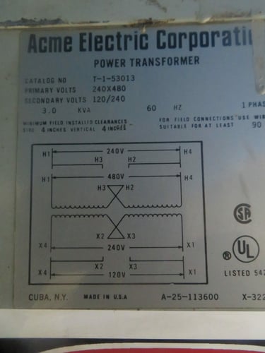 3 KVA 240x480 Primary, 120/240 Secondary, Acme T-1-53013, 1 phase power transformer, 1 year warranty - Image 2