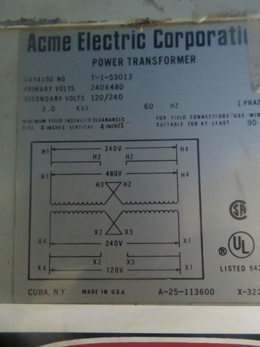 3 KVA 240x480 Primary, 120/240 Secondary, Acme T-1-53013, 1 phase power transformer, 1 year warranty - Image 4