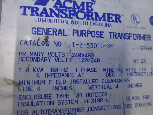 1 KVA Acme T-2-53010-S, single phase transformer, 1 Year Warranty - Image 3