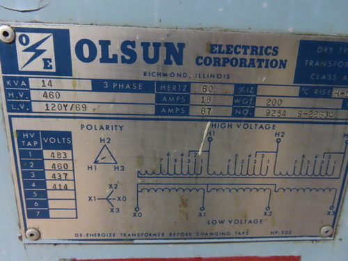 14 KVA 460 Primary, 120Y/69 Secondary, Olsun 9254 S-22634, transformer, 2 year warranty - Image 8