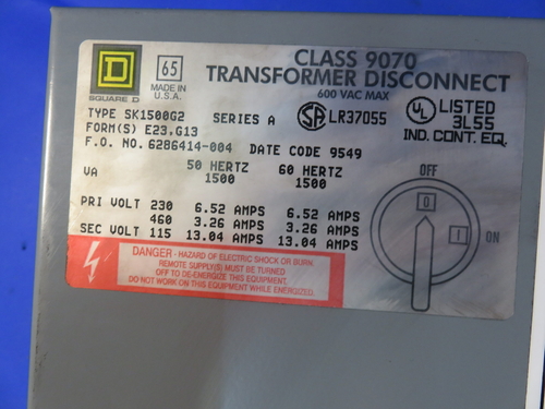 Square D, SK1500G2 class 9070, transformer disconnect, 1 year warranty - Image 3