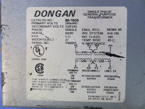 1 KVA 240x480 Primary, 120/240 Secondary, Dongan 80-1035, 1 phase isolation transformer, 90 day warranty (4 - Image 4