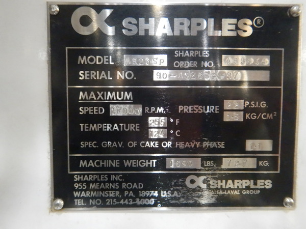 Sharples #AS26SP, Stainless Steel separator centrifuge, 5 HP, 17000 RPM, 255°F, 22 psig - Image 5
