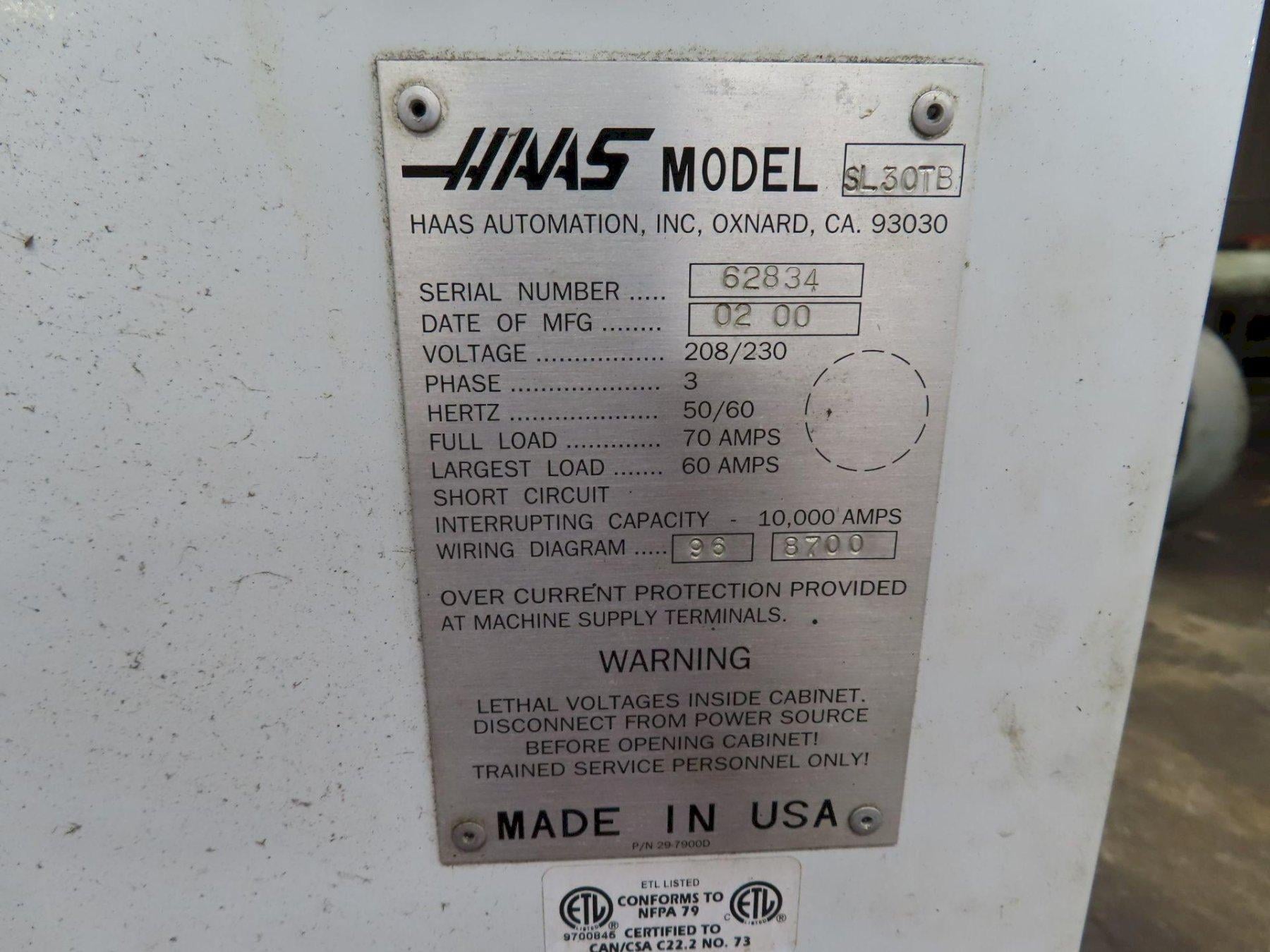 Haas #SL-30TB, CNC Turning Center, 30" swing, 15" chuck, 4" bar, 39" centers, S/n: 62834, 2000 - Image 7