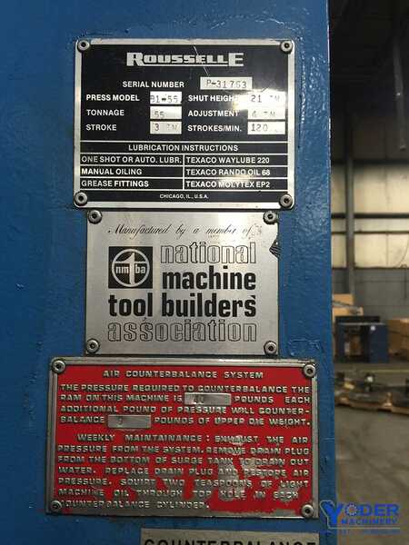 55 Ton, Rousselle #B1-55, OBI press, 3" stroke, 21" Shut Height, air clutch & brake, 1991, #65881 - Image 3