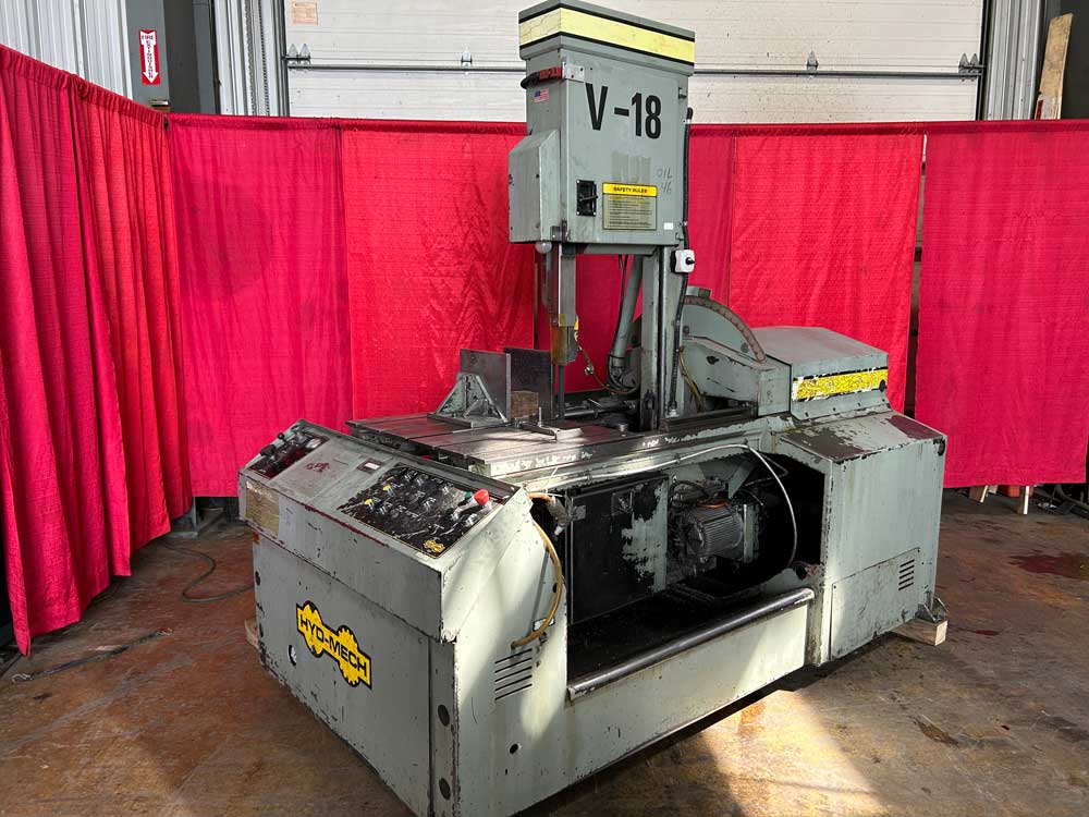 18.5" x 20.5" Hyd-Mech #V-18, mitering vertical band saw, 1.25" x 14' 6" x 0.42" blade, 90-400 SFM, hydraulic - Image 1