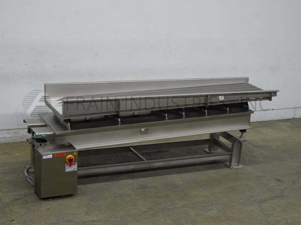 25" wide x 9.8' long, Smalley #EMC2+, Stainless Steel, trough style vibratory feed conveyor with (12) product - Image 1