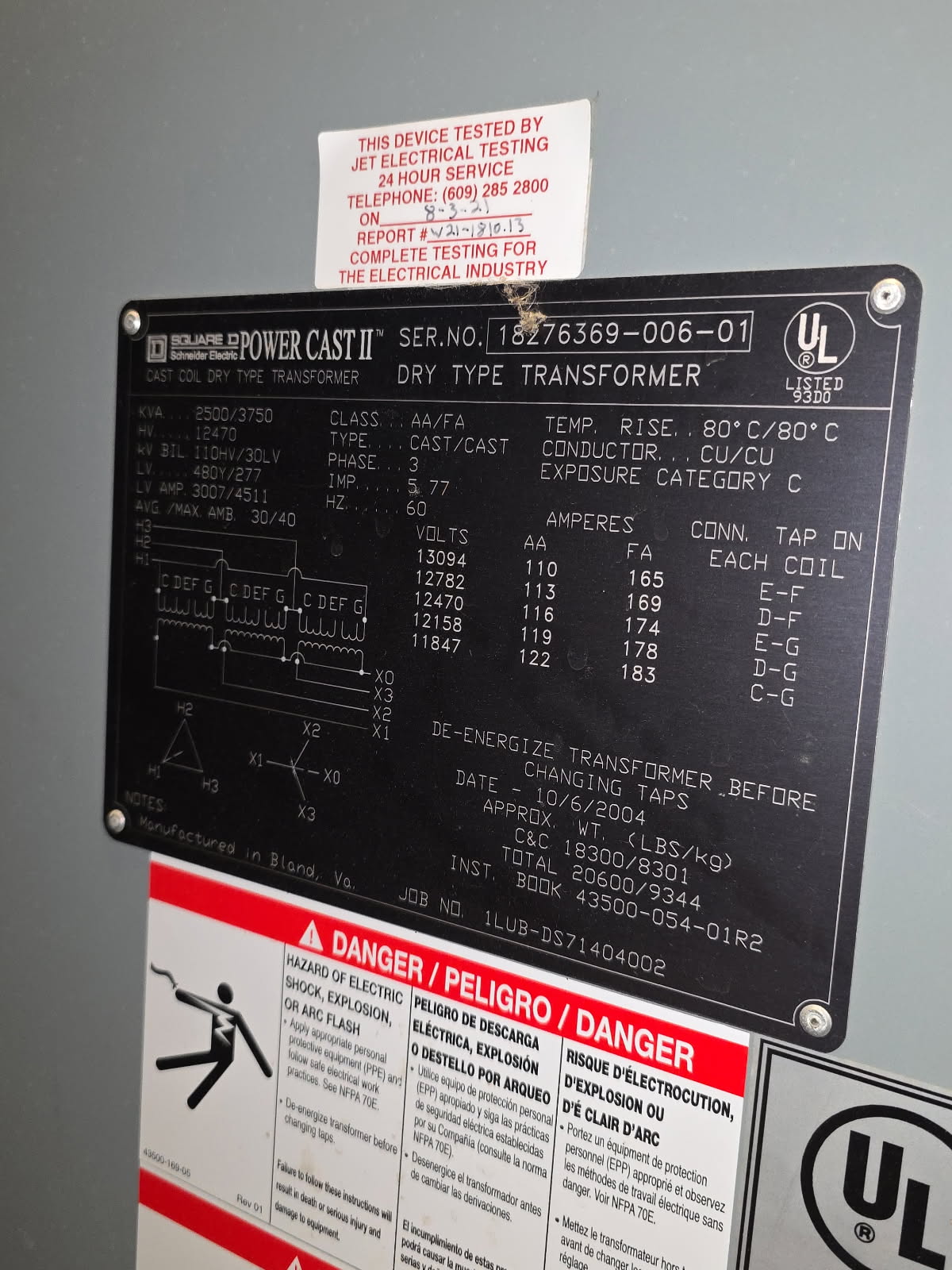 2500/3750 kVA, 12470 DELTA Primary, 480/277 WYE Secondary, SQUARE D Dry Type - Image 1