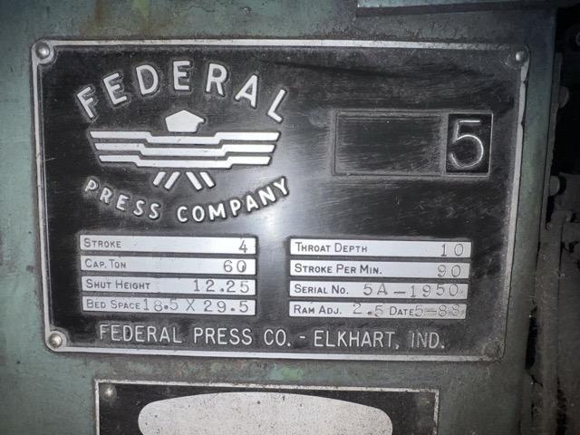 60 Ton, Federal #5, single crank flywheel OBI press, 4" stroke, 12.25" Shut Height, 2.5"adj., 10" throat, 90 - Image 6