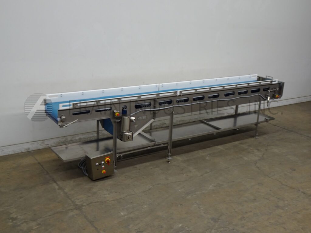 24" wide x 9.2' long, Two Rivers Enterprises, belt conveyor, 45" infeed/discharge height, 6" H UHMW product - Image 1