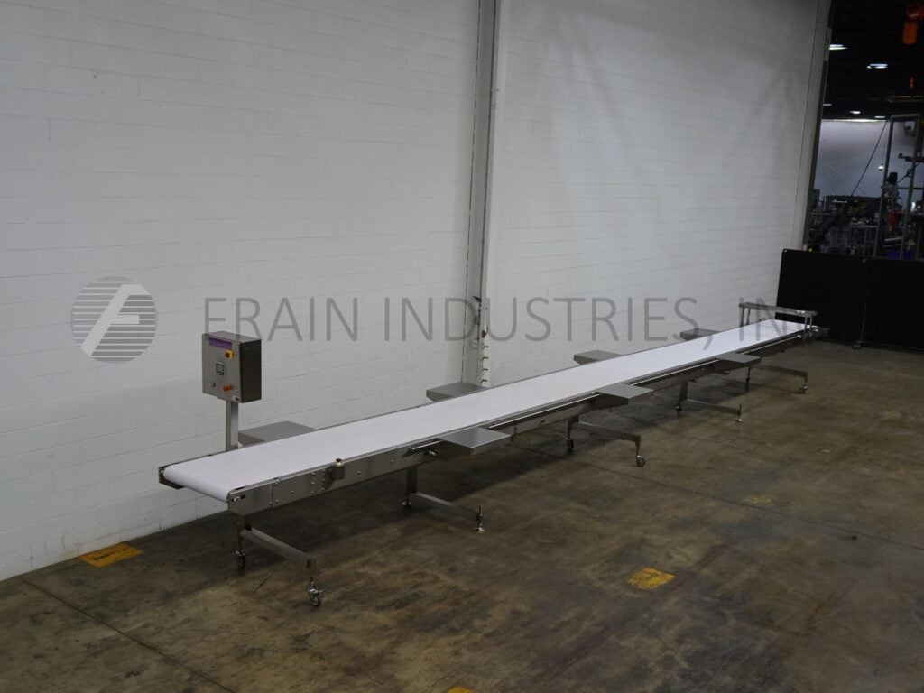 30" wide x 39.6' long, Unifiller, Stainless Steel frame belt conveyor, 40"-45" infeed/discharge range - Image 1