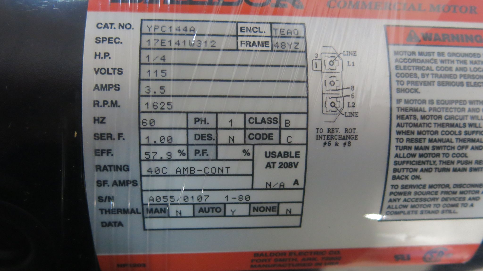 .25 HP 1625 RPM Baldor YPC144A, direct drive fan motor, 115 Volts - Image 3