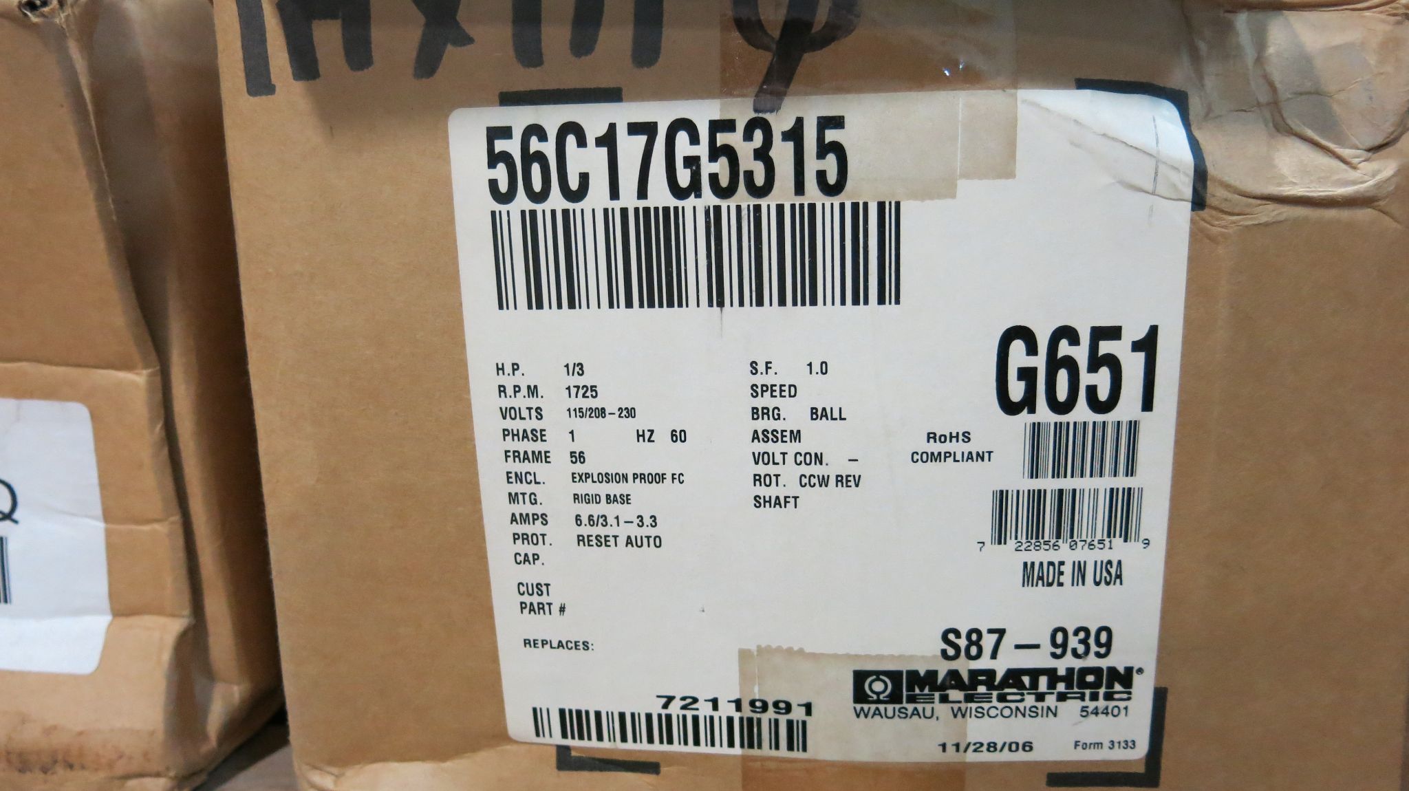 .3 HP 1725 RPM Marathon S87-939 56C17G5315J-P, Frame 56, explosion proof motor, 115/230 Volts, new - Image 7