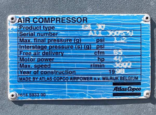 185 cfm, 125 psi, Atlas Copco #GA-30, 40 HP, air cooled, 460 V. - Image 4