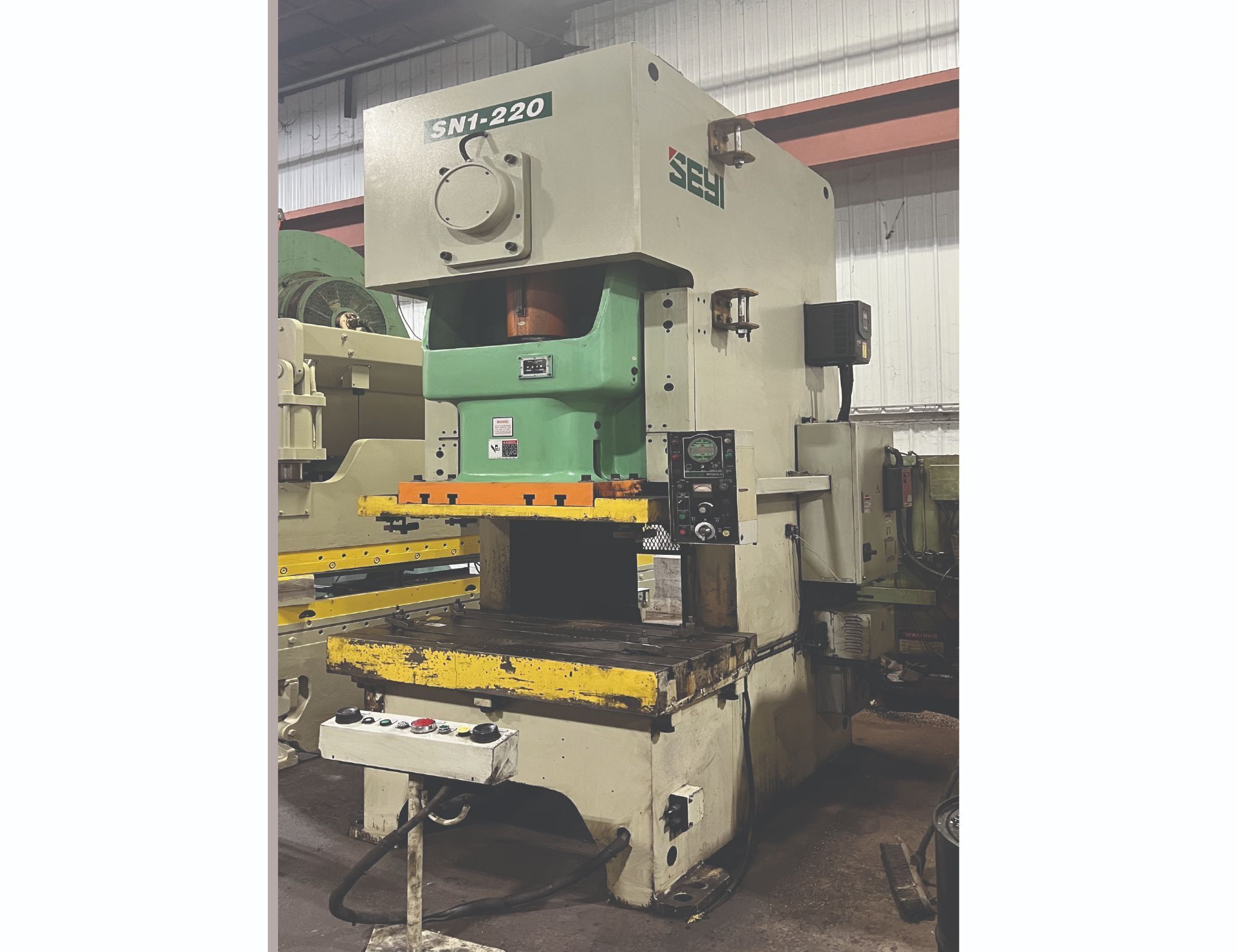 220 Ton, Seyi #SN1-220, single pt gap frame press, 8.66" stroke, 17.72" die height, 4.33" adj., 25-55 SPM - Image 1