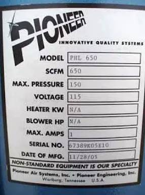 650 scfm, Pioneer Air Systems, Inc. #PHL-650, Heatless Regenerative Dryer, 150 psi, 115 V, 2005 - Image 7