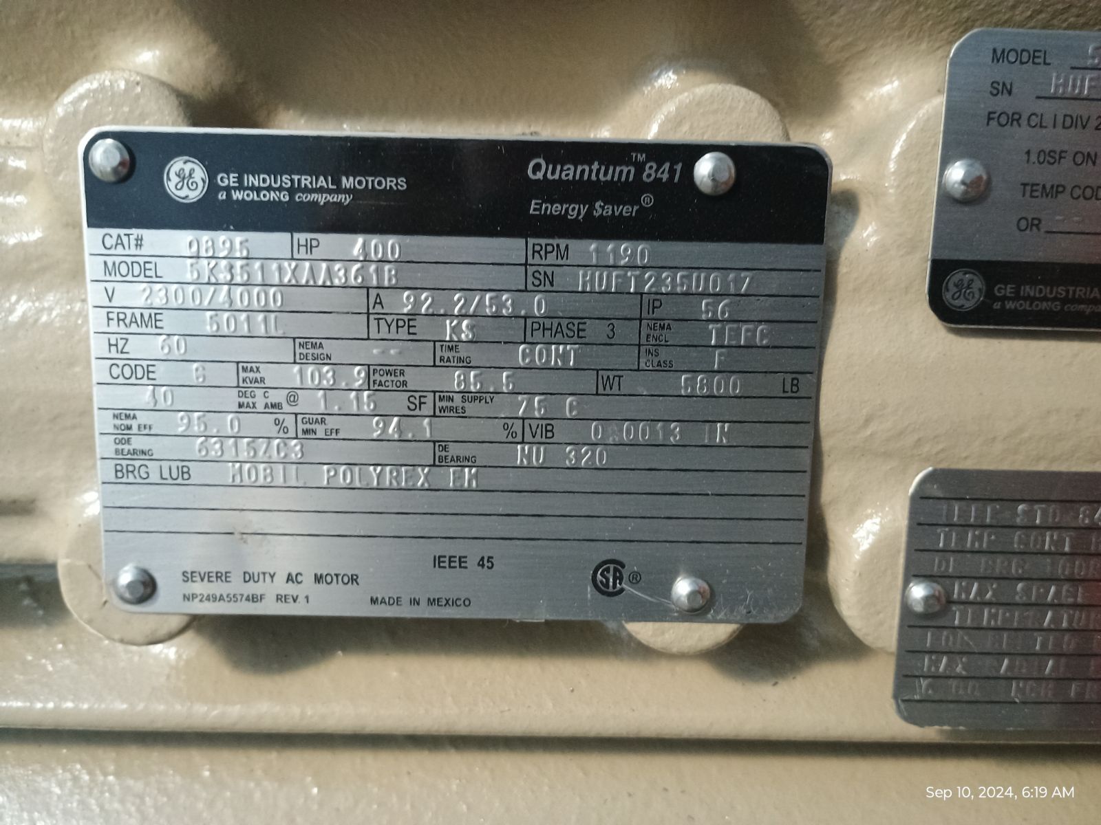 400 HP 1200 RPM General Electric, Frame 5010/11L, TEFC, Roller, IEEE 841,2300/4160 Volts, new, Q895 3 in - Image 6