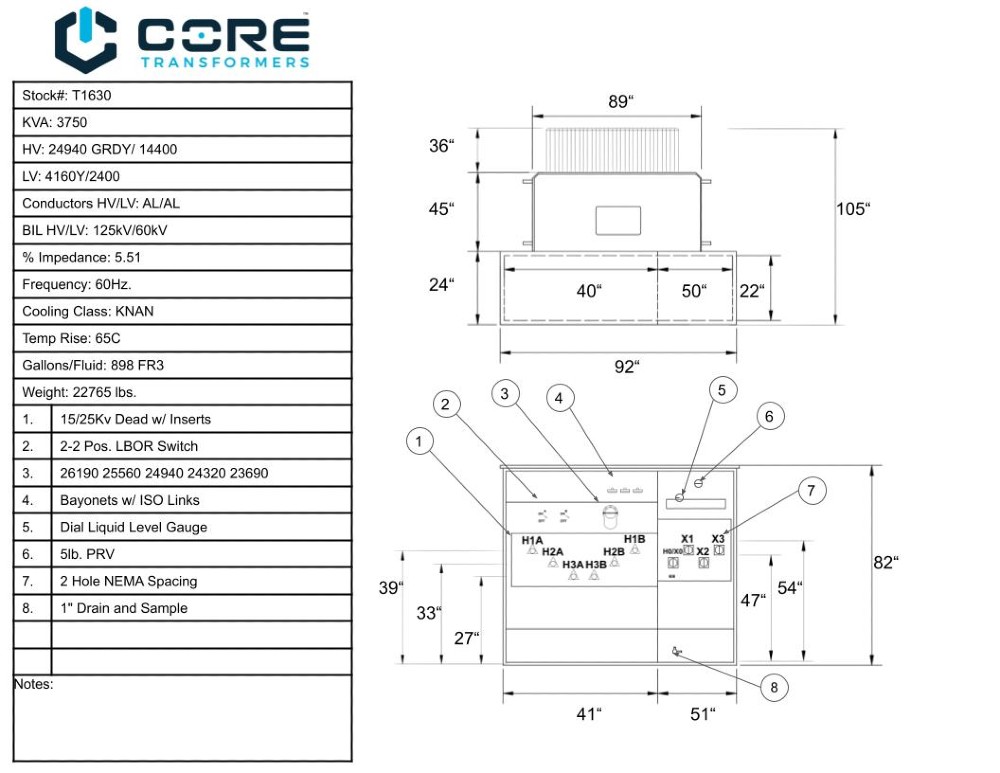 3750 KVA 24940GrdY/14400 Primary, 4160Y/2400 Secondary, PAD, Recon (4 available) - Image 1