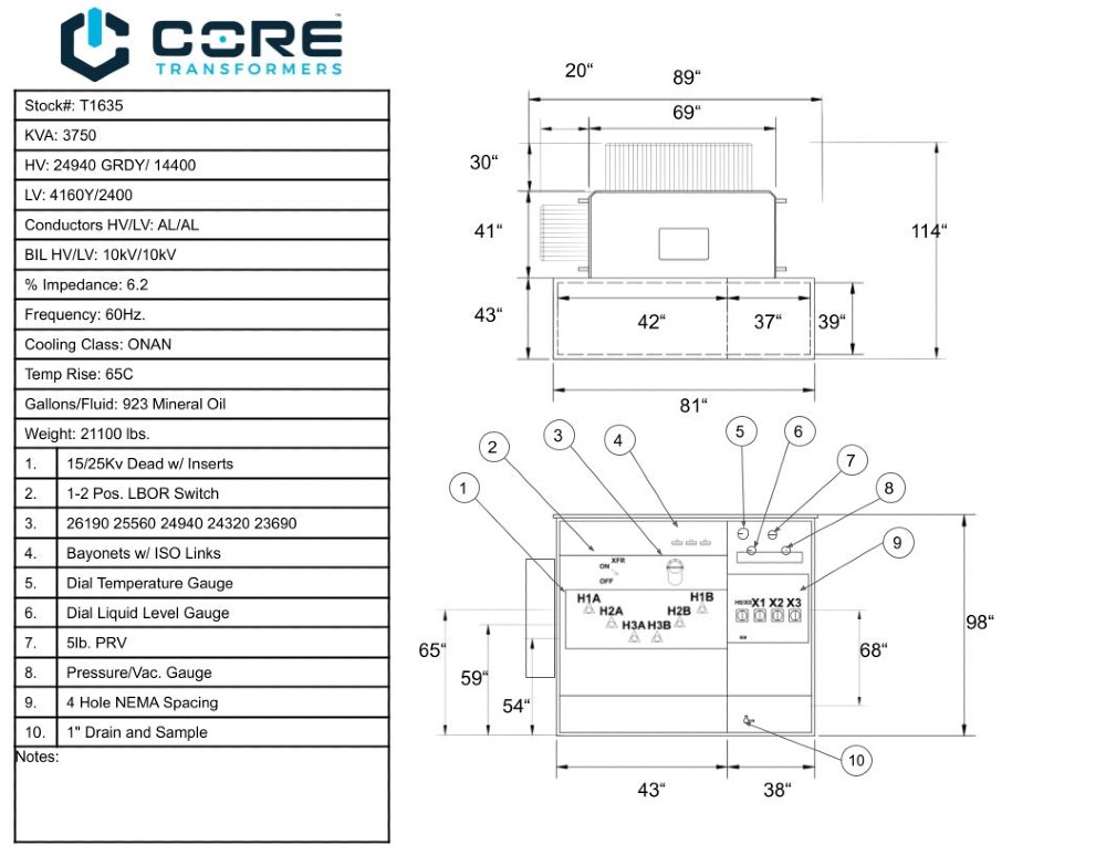 3750 KVA 24940GrdY/14400 Primary, 4160Y/2400 Secondary, PAD, Recon (4 available) - Image 4