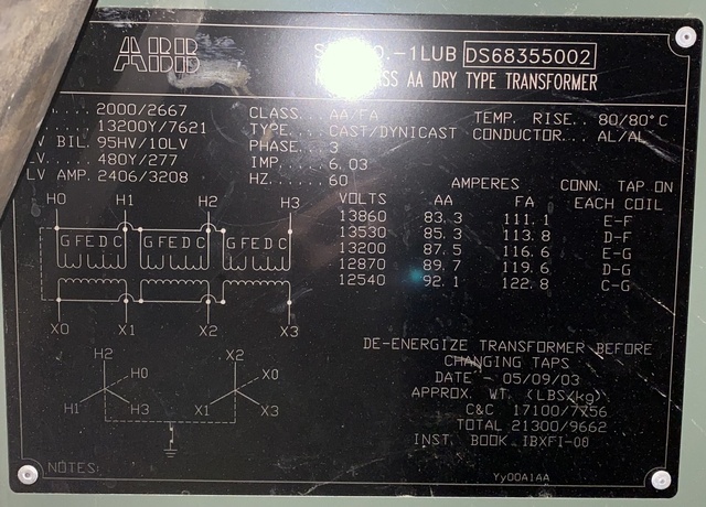 2000 kVA, 13200 WYE Primary, 480/277 WYE Secondary, ABB Dry Type - Image 1
