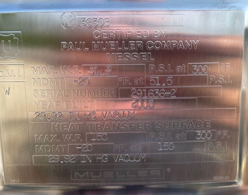 660 gallon Mueller, Stainless Steel Reactor, 70" diameter, 51 psig shell, 150 psig jacket, 300 F - Image 6