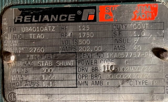125 HP 1800 RPM Reliance, Frame UB4010ATZ, TEAOBB, 500 VA, 300 VF - Image 3